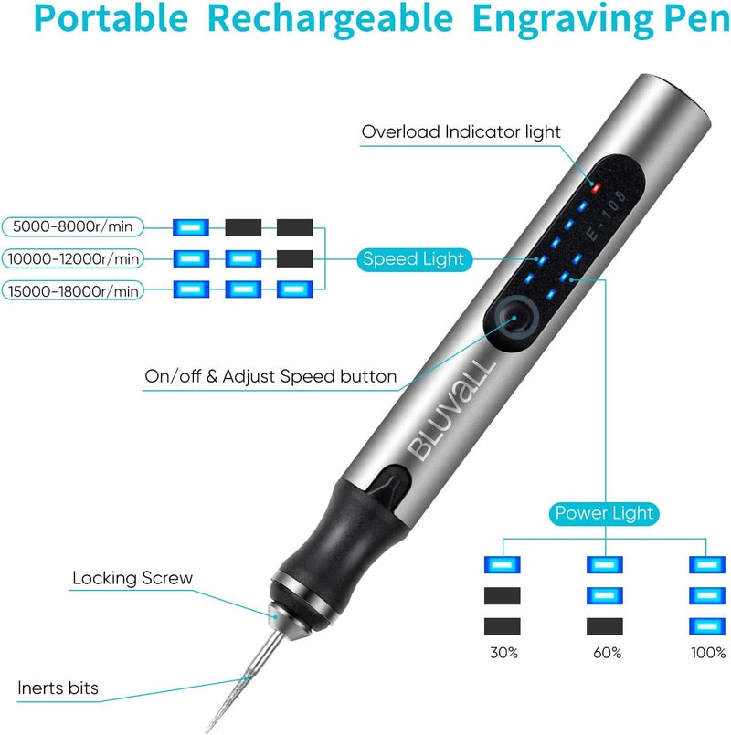 BLUVALL Electric Engraving Pen with 37 Bits, USB Rechargeable Cordless Engraving Machine, Portable DIY Rotary Engraver for Jewelry Wood Glass Stone Carving （Pull-out box design） - Image 3